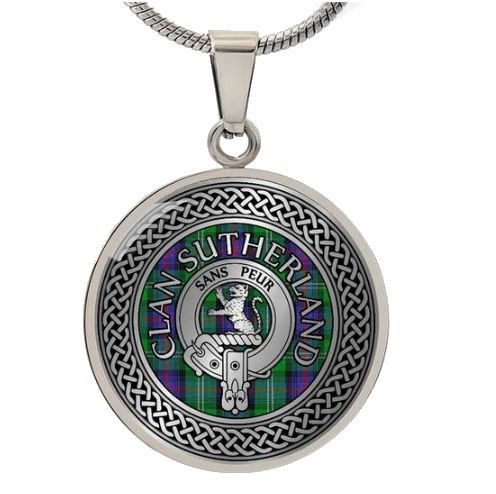 Image 1 of Sutherland Clan Crest Celtic Knotwork Round Clan Badge Steel Pendant