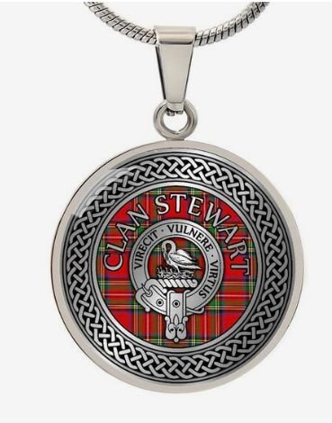 Image 1 of Stewart Clan Crest Celtic Knotwork Round Clan Badge Steel Pendant