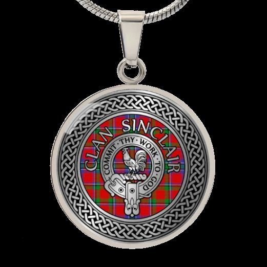 Image 0 of Sinclair Clan Crest Celtic Knotwork Round Clan Badge Steel Pendant
