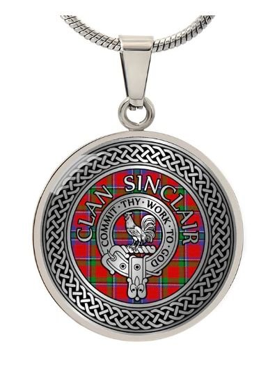 Image 1 of Sinclair Clan Crest Celtic Knotwork Round Clan Badge Steel Pendant