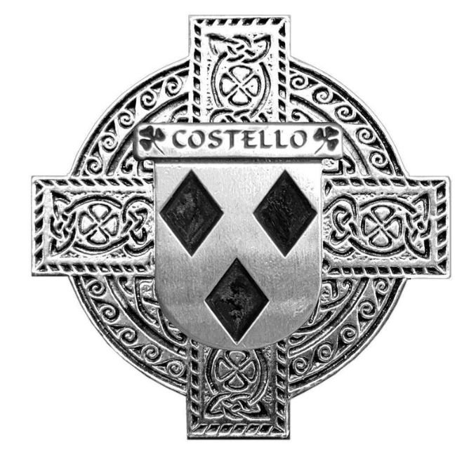 Image 1 of Costello Irish Coat Of Arms Celtic Cross Stylish Pewter Family Crest Badge 