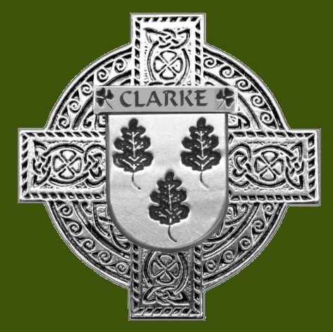 Image 0 of Clarke Irish Coat Of Arms Celtic Cross Stylish Pewter Family Crest Badge 