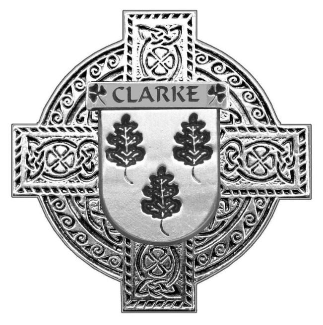 Image 1 of Clarke Irish Coat Of Arms Celtic Cross Stylish Pewter Family Crest Badge 