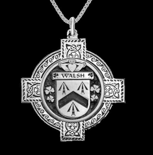 Image 0 of Walsh Irish Coat Of Arms Celtic Cross Silver Family Crest Pendant
