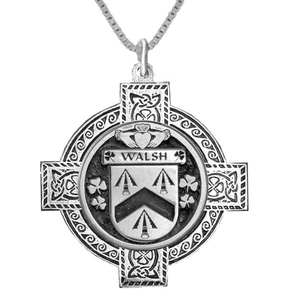 Image 1 of Walsh Irish Coat Of Arms Celtic Cross Silver Family Crest Pendant