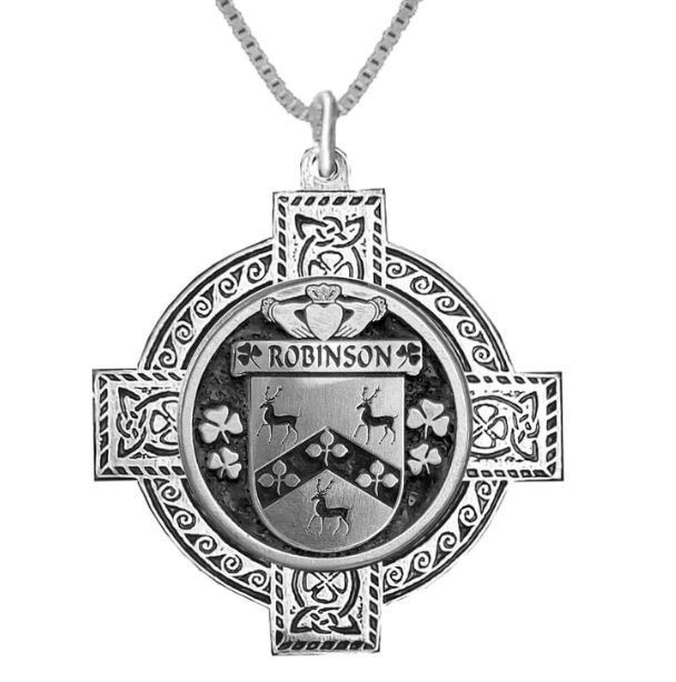 Image 1 of Robinson Irish Coat Of Arms Celtic Cross Pewter Family Crest Pendant