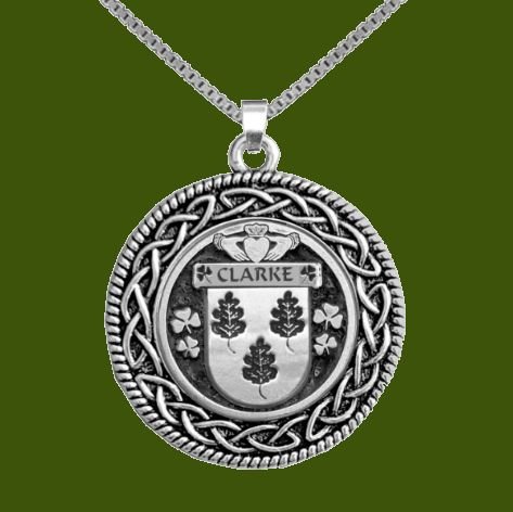 Image 0 of Clarke Irish Coat Of Arms Interlace Round Pewter Family Crest Pendant