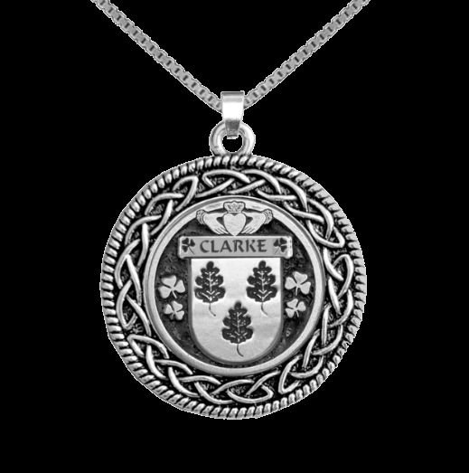 Image 0 of Clarke Irish Coat Of Arms Interlace Round Silver Family Crest Pendant