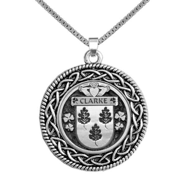 Image 1 of Clarke Irish Coat Of Arms Interlace Round Silver Family Crest Pendant
