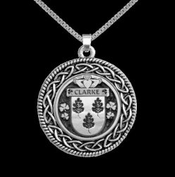 Clarke Irish Coat Of Arms Interlace Round Silver Family Crest Pendant