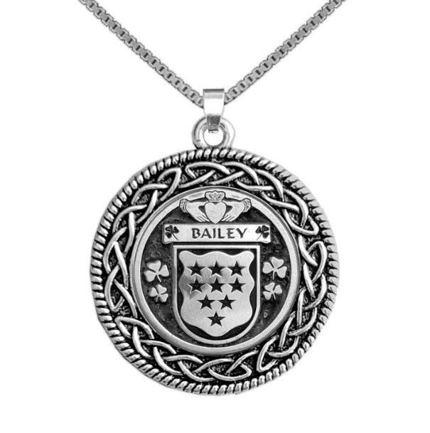 Image 1 of Bailey Irish Coat Of Arms Interlace Round Pewter Family Crest Pendant