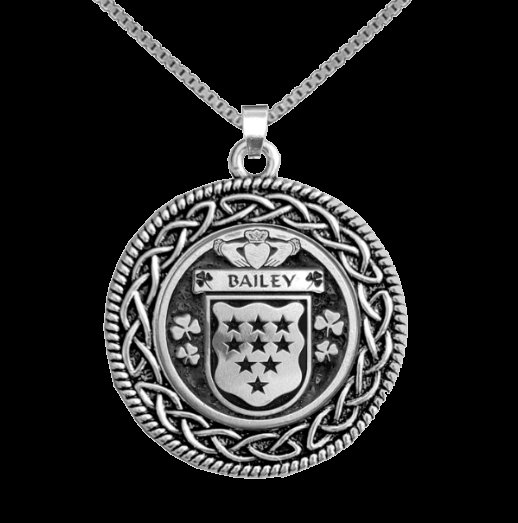 Image 0 of Bailey Irish Coat Of Arms Interlace Round Silver Family Crest Pendant
