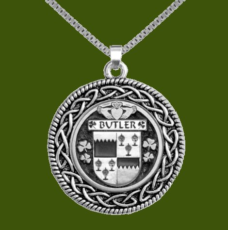 Image 0 of Butler Irish Coat Of Arms Interlace Round Pewter Family Crest Pendant