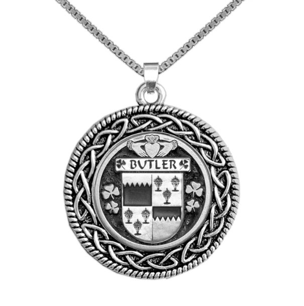 Image 1 of Butler Irish Coat Of Arms Interlace Round Pewter Family Crest Pendant