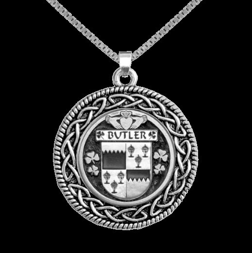 Image 0 of Butler Irish Coat Of Arms Interlace Round Silver Family Crest Pendant