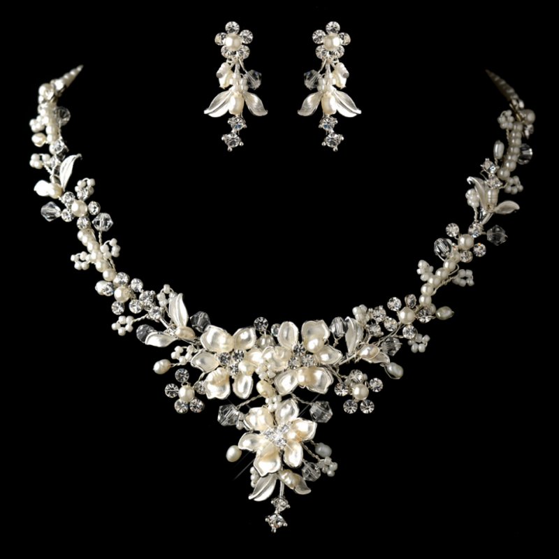 Image 0 of Ivory Pearl Floral Crystal Cluster Silver Wedding Necklace Earrings Bridal Set