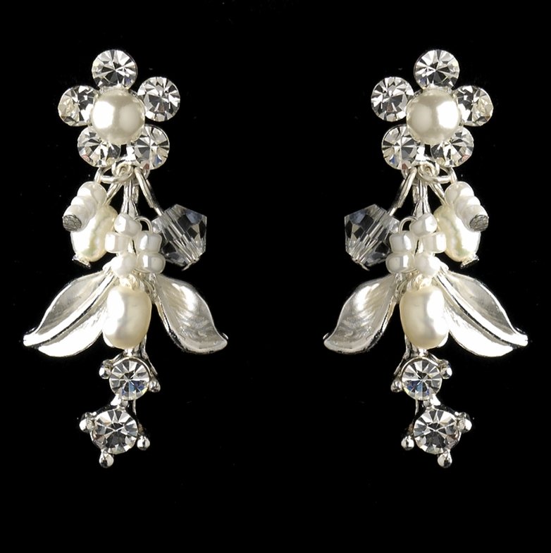 Image 1 of Ivory Pearl Floral Crystal Cluster Silver Wedding Necklace Earrings Bridal Set