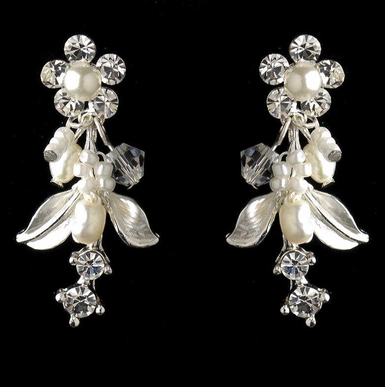 Image 1 of Ivory Pearl Floral Crystal Cluster Silver Wedding Necklace Earrings Bridal Set