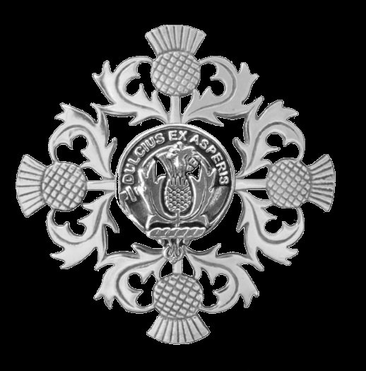 Image 0 of Ferguson Clan Crest Four Thistle Sterling Silver Badge Brooch
