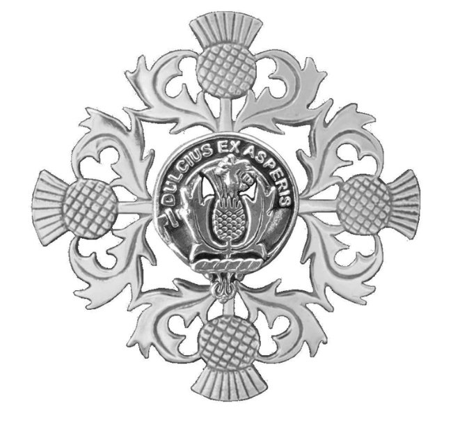 Image 1 of Ferguson Clan Crest Four Thistle Sterling Silver Badge Brooch
