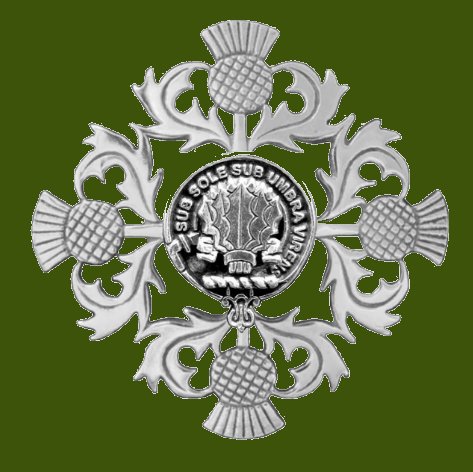Image 0 of Irvine Of Drum Clan Crest Four Thistle Stylish Pewter Badge Brooch