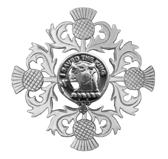 Image 1 of Turnbull Clan Crest Four Thistle Sterling Silver Badge Brooch