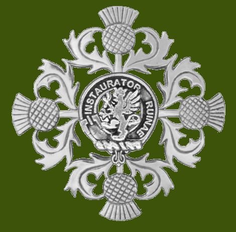 Image 0 of Forsyth Clan Crest Four Thistle Stylish Pewter Badge Brooch