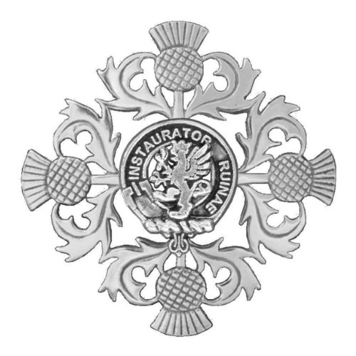 Image 1 of Forsyth Clan Crest Four Thistle Stylish Pewter Badge Brooch