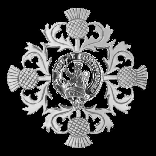 Image 0 of Farquharson Clan Crest Four Thistle Sterling Silver Badge Brooch