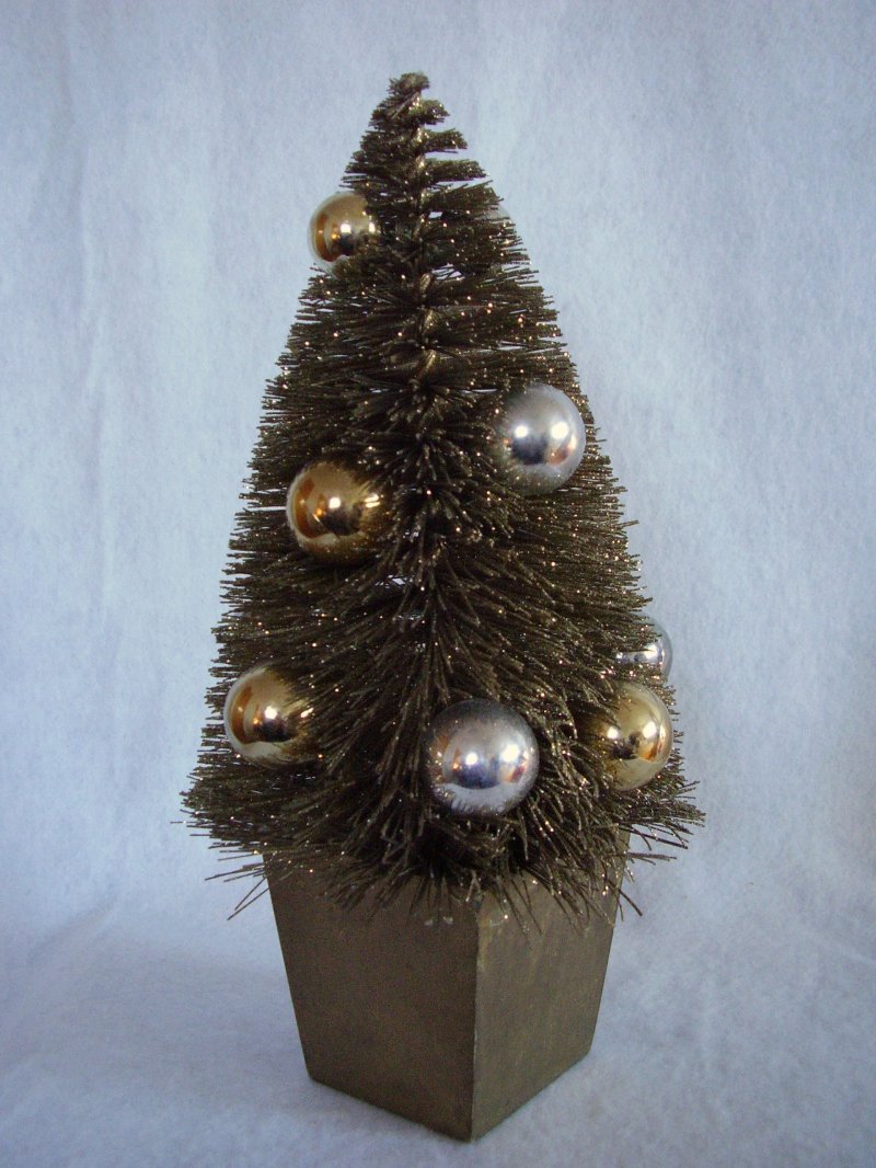 Decorated Gold Bottle Brush Tree Glitter Decor Wood Pot Base