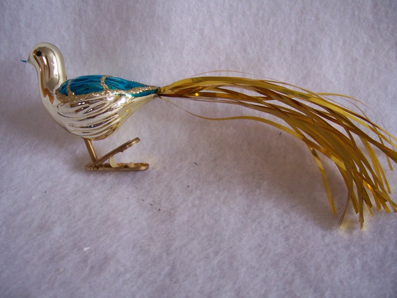 Vintage German Gold Tinsel Tail Glass Bird Clip On Vintage German Gold Tinsel Tail Glass Bird Clip On