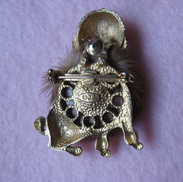 Mink Covered Poodle Pin, Marked JJ, Jonette Vintage 1950s