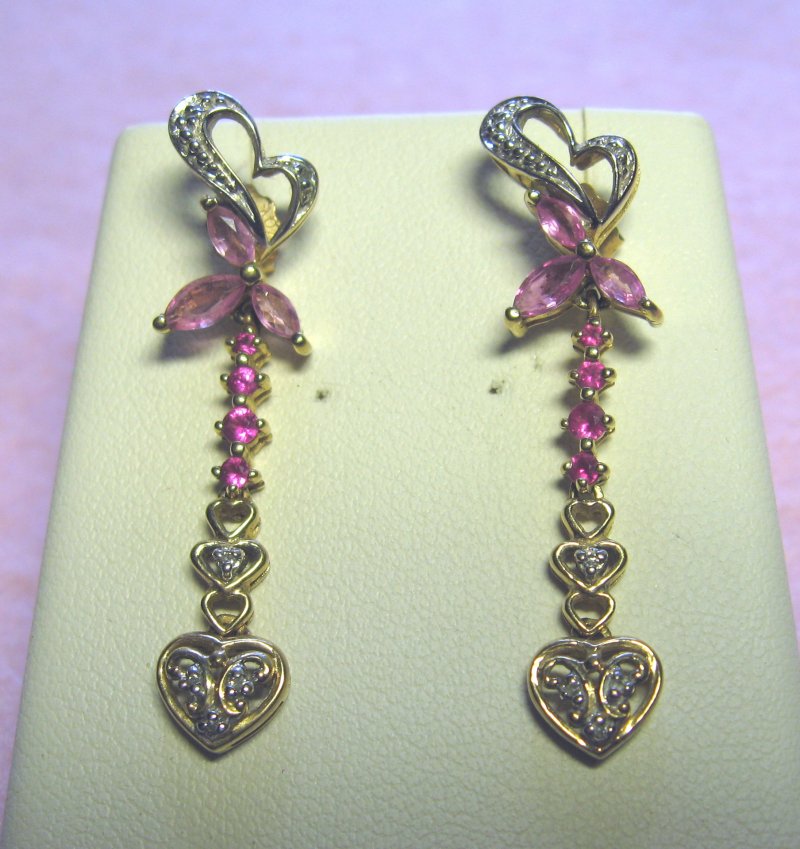 Diamond, Pink Topaz, 10k Dangle Heart Earrings, 13 Stones
