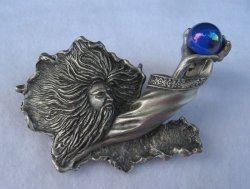 Wizard with Iridescent Orb Brooch Signed JJ, Pewter 3.5 inch