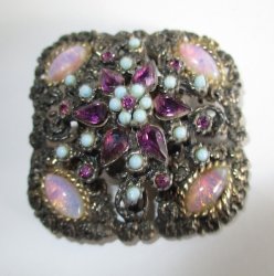 Antiqued Brooch, Purple Blue and Opal Colored Stones