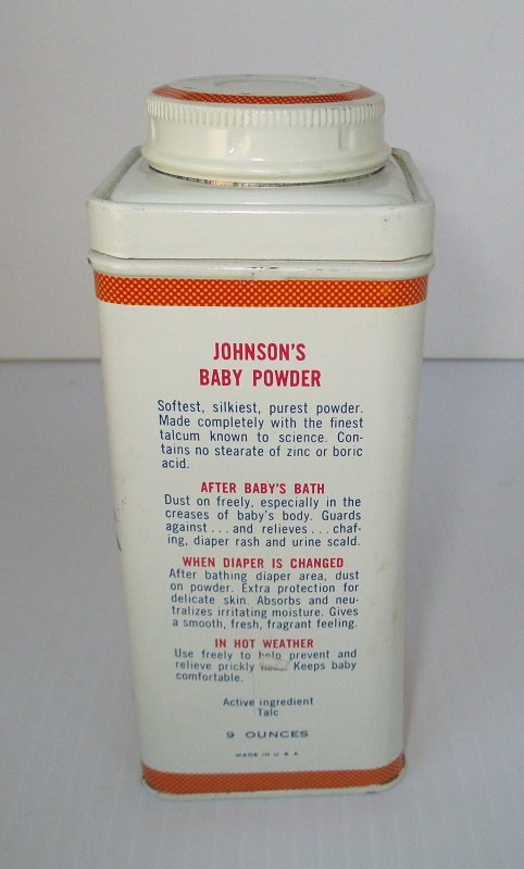 Side of vintage 9 ounce unopened tin full of Johnson's Baby Powder. From Johnson & Johnson New Brunswick New York. Estimated 1950s to 1960s.