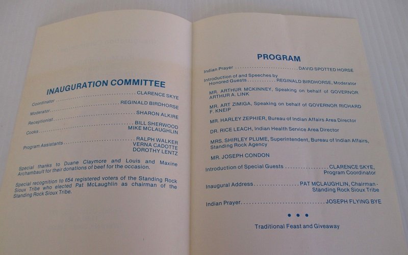 Program from Inauguration Ceremonies for Pat McLaughlin, Chairman, Standing Rock Sioux Tribe dated 1977.
