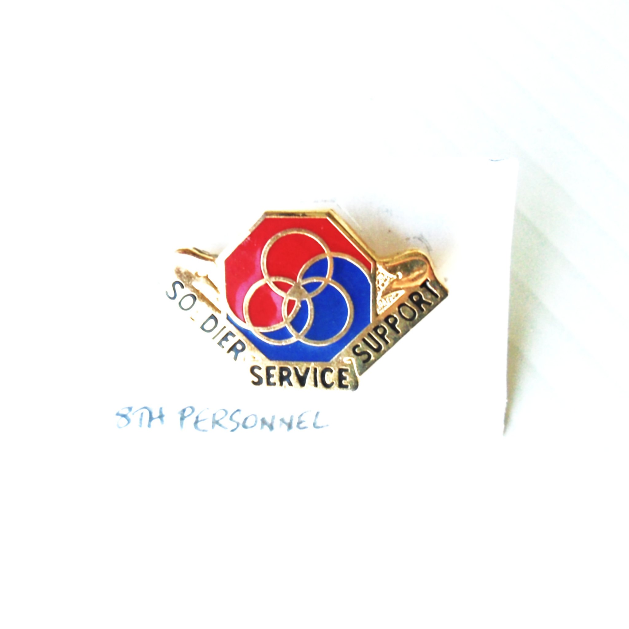 8th U.S. Army Personnel enamel DUI DI insignia metal pin. Has the motto Soldier Service Support. Worn on Army Uniforms and caps. V-21