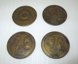 AA Alcoholics Anonymous, 4 Bronze Tokens, 4, 8, 10, 12 Year