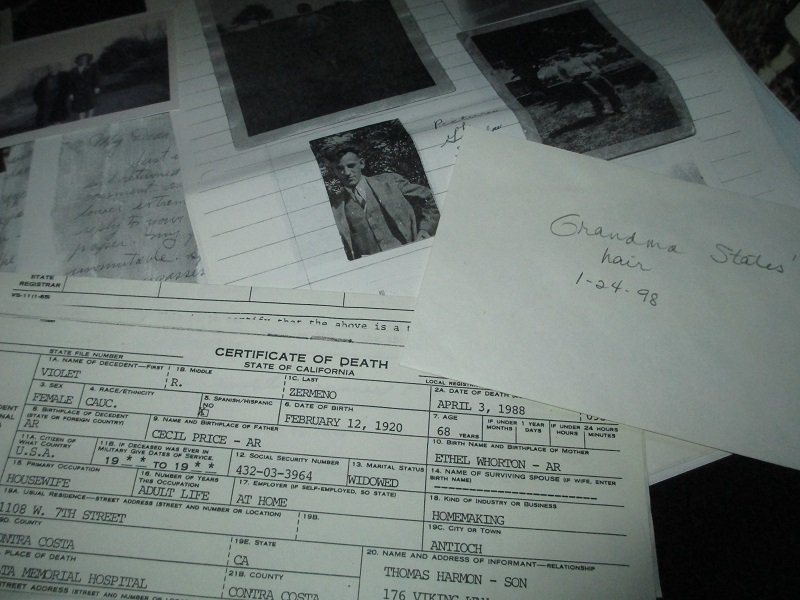 Photos and paper items related to genealogy of the States, Irwin, Hartzell, Harmon, Price, and other families. Even a love letter and a lock of hair. 