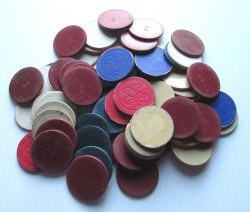 Vintage Clay and Cardboard Poker Chips, 69 total, 1940s