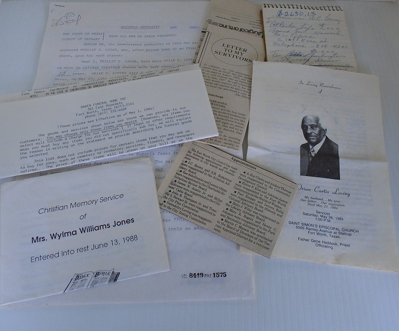 Genealogy materials for Orian Curtis Loving of Fort Worth Texas. Includes a will, funeral pamphlet and service order, newspaper clippings, etc.