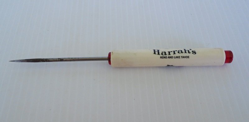 Vintage ice pick, possibly 1960s, from Harrah's Casino Reno Lake Tahoe Nevada NV. 7.25 inches long. Estate item offered by kenoticket