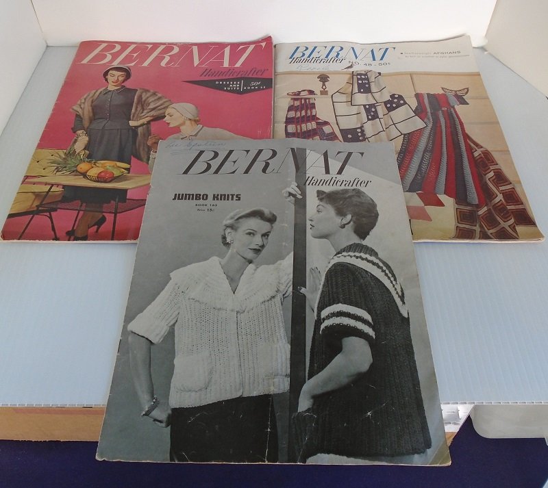 Mid century Knit and Crochet booklets from Bernat Handicrafter. 2 from 1953, 1 from 1955. Many knitting and crocheting projects.   