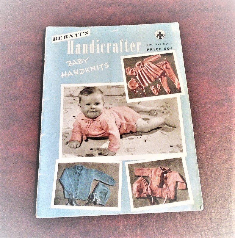 Baby Knit and Crochet projects book titled Bernat's Handicrafter. Dated 1947. 49 pages with photos, diagrams and instructions for 46 projects. 