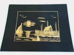 Asian Straw Bamboo Art, Night Time Water Scene, 1950s 1960s