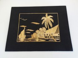 Asian Straw Bamboo Art, Tree, House, Water Scene 1950s 1960s