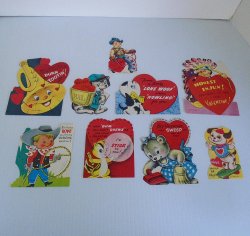 Lot of 9 Valentine Cards from 1970s Cowboys Indians Animals