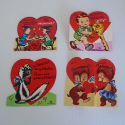 Lot of 4 Valentine Cards, Unknown dates, People Baby Animals