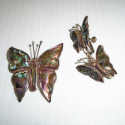 Butterfly Pin and Screwback Earrings, Abalone, 925, Mexico